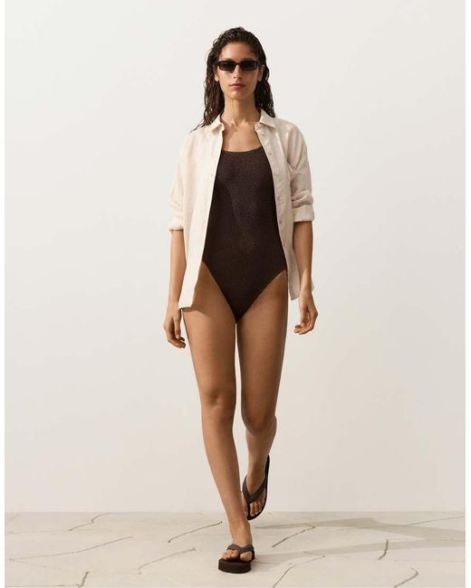 Oysho Black Crinkle Round Neck Swimsuit