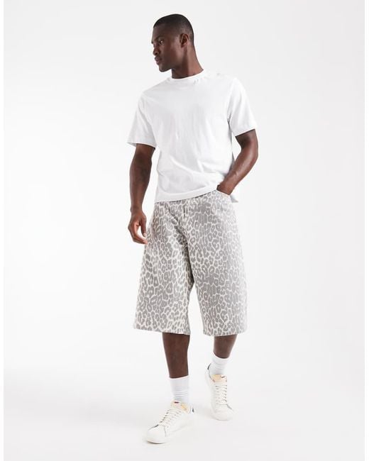 Jack & Jones Gray Owen baggy Jorts With Leopard Print for men