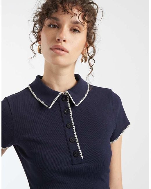 ASOS Blue Shrunken Polo With Blanket Stitch Detail