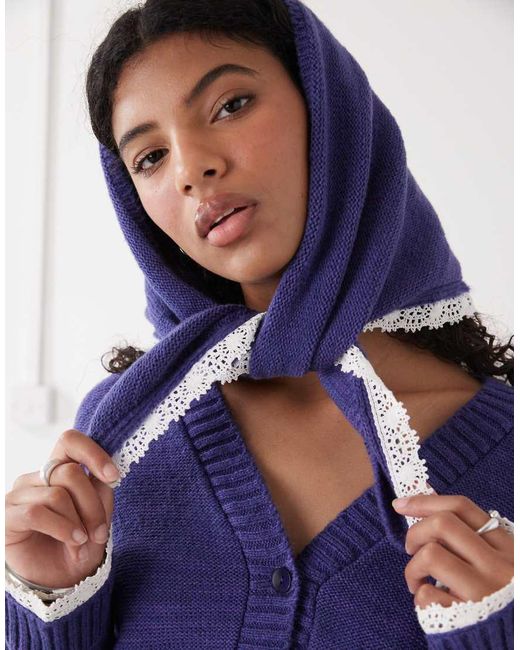 Reclaimed Vintage Blue Cropped Boxy Cardigan With Headscarf With Crochet Trim