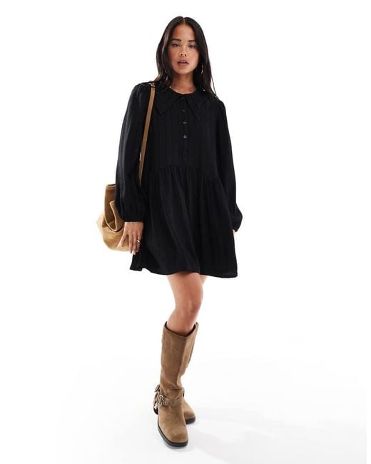 Wednesday's Girl Black Textured Collar Detail Mini Smock Dress
