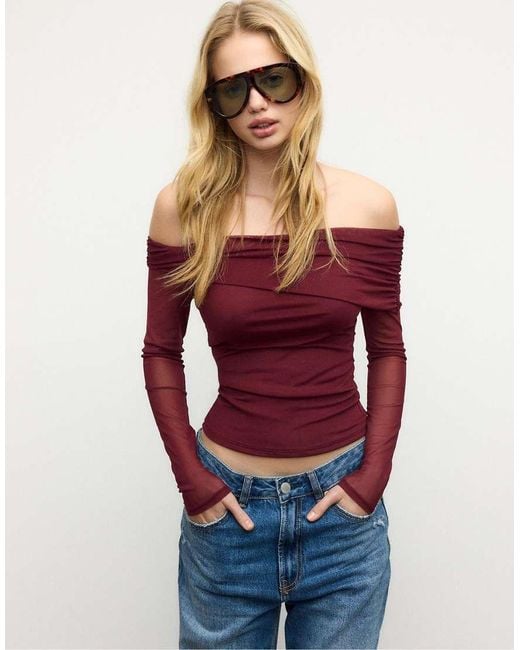 Stradivarius Red Asymmetric Tulle Top