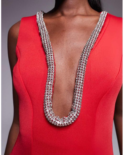 Goddiva Red Diamante Embellished Neck A Line Midi Dress