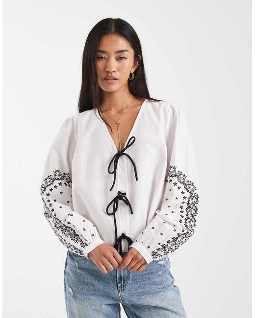 French Connection White Tie-detail Shirt With Lace Printed Sleeves