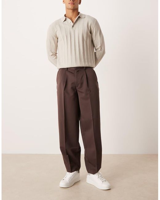 ASOS Brown Smart Pleated Wide Barrel Leg Trousers for men