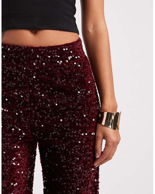 Pieces Red Wide Leg Velour Sequin Trousers