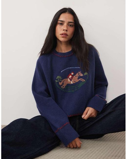 Abercrombie & Fitch Blue Knitted Crew Neck Horse Graphic Jumper