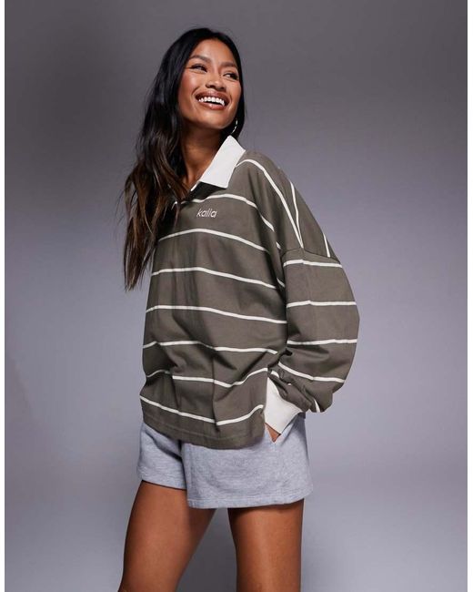 Kaiia Gray Exclusive Cotton Rich Oversized Long Sleeve Rugby Top