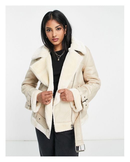 TOPSHOP Faux Leather Shearling Aviator Biker Jacket in Natural | Lyst UK