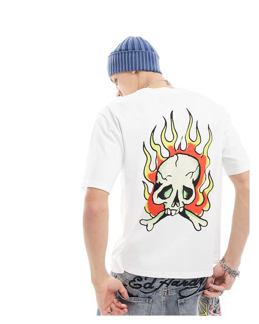 Ed Hardy White Oversized T-shirt With Logo Front And Flaming Skull Back Print for men