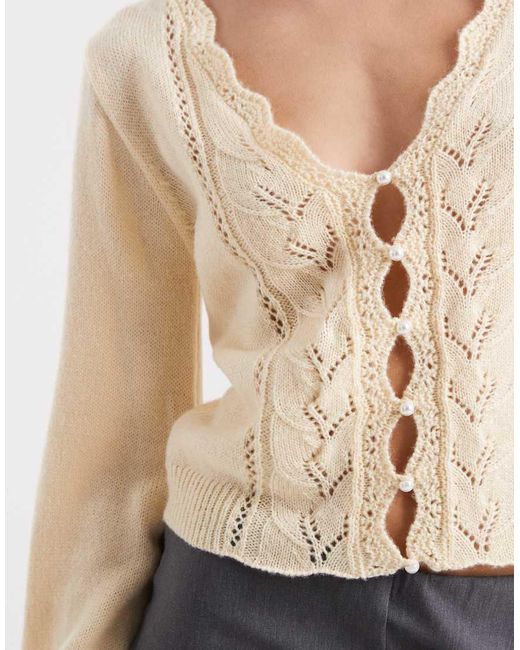 Miss Selfridge Natural Pointelle Faux Pearl Detail Sweater