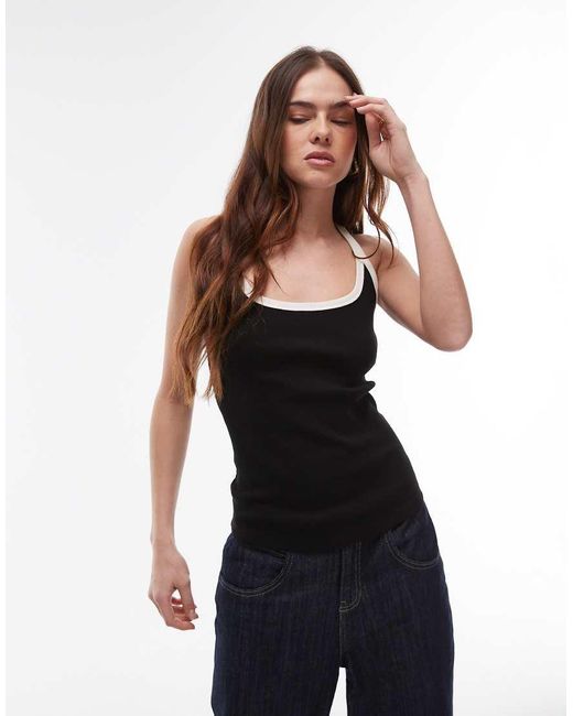 TOPSHOP Geribbeld Hemdje Met Lage Ronde Hals En Dunne Bandjes in het Black