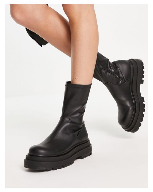Pull&Bear Black Chunky Flat Ankle Boots With Side Zip