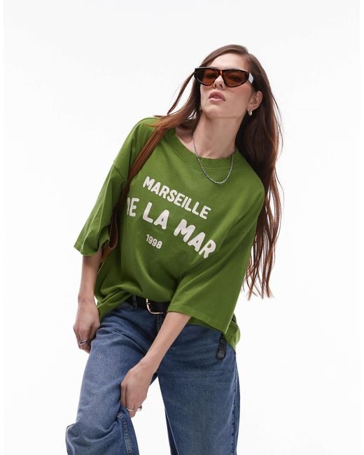 TOPSHOP Green Graphic De La Mar Oversized Tee