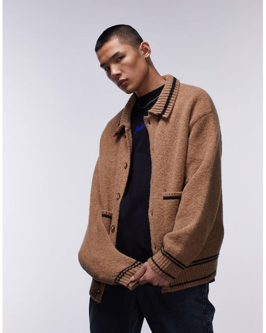 Topman Brown Heavyweight Brushed Tipped Cardigan With Collar for men