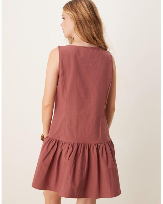ASOS Red Button Down Dropped Waist Mini Dress With Straight Neck