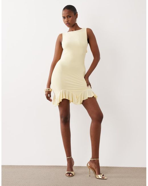 Kaiia Natural Exclusive Slinky High Neck Ruffle Hem Open Back Mini Dress