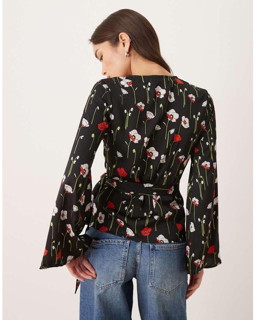 Glamorous Black Wrap Flared Sleeve Blouse