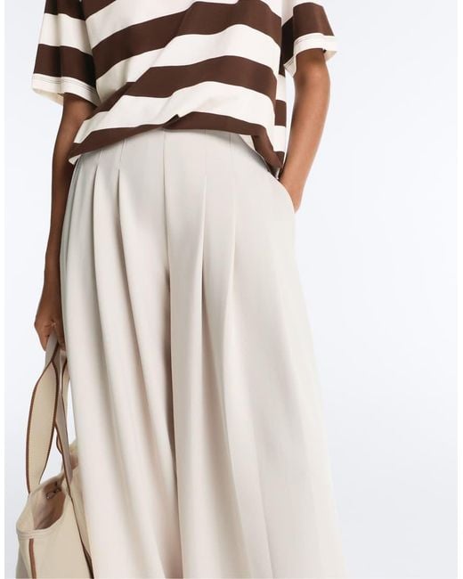 Oysho White Cotton Wide-Leg Pique Pleated Trousers