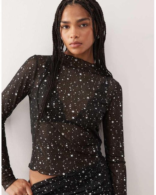 Noisy May Black Lettuce Edge Mesh Top With Silver Stars Print