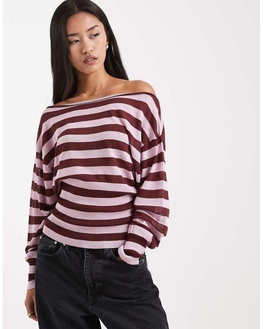 Collusion Red Off Shoulder Stripe Sheer Shimmer Top