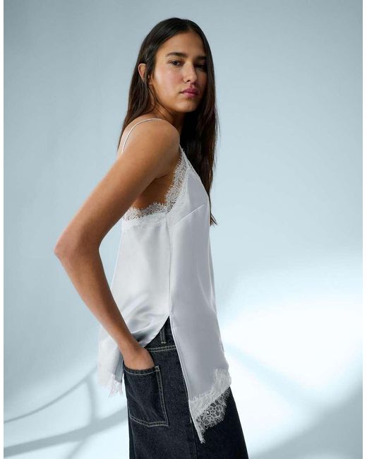 Bershka White Asymmetric Sateen Strappy Top