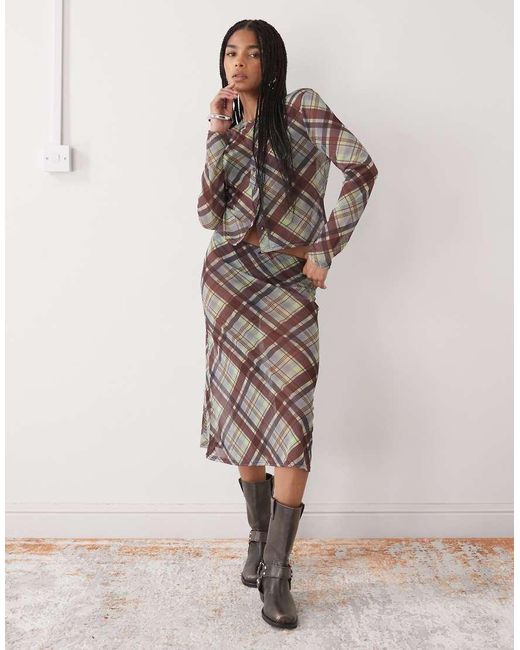 Collusion Brown Long Sleeve Mesh Button Through Top