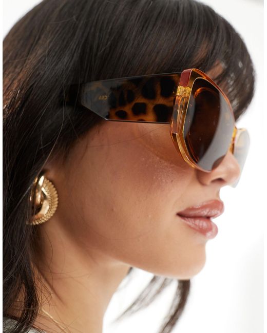 Pieces Brown – sonnenbrille mit transparentem rahmen, print-mix und breiten bügeln