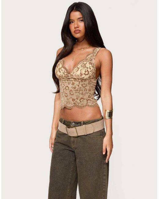 Edikted Brown Araura Velvet Floral Sheer Top