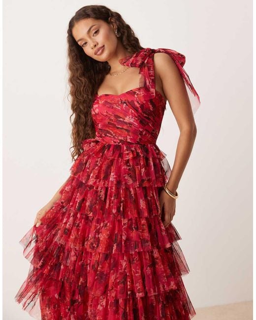 LACE & BEADS Bow Shoulder Tiered Tulle Maxi Dress