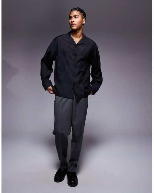 ASOS Blue Oversized Deep Revere Shirt With Tonal Placement Embroidery for men