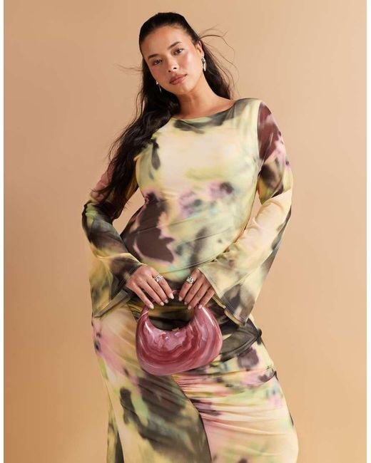 ASOS Natural Asos Design Curve Long Sleeve Mesh Maxi Dress With Double Tie Back