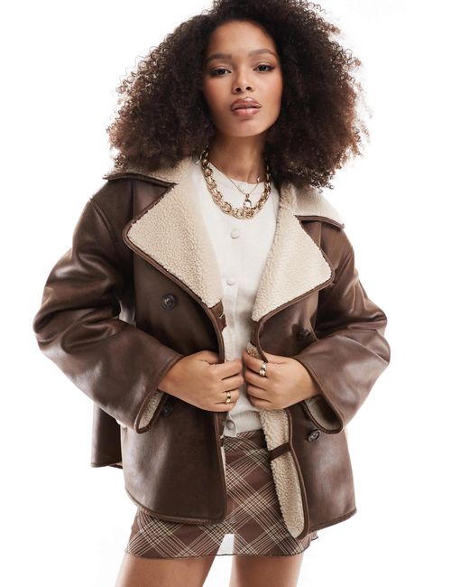 Stradivarius Brown Faux Leather Jacket With Borg Lining