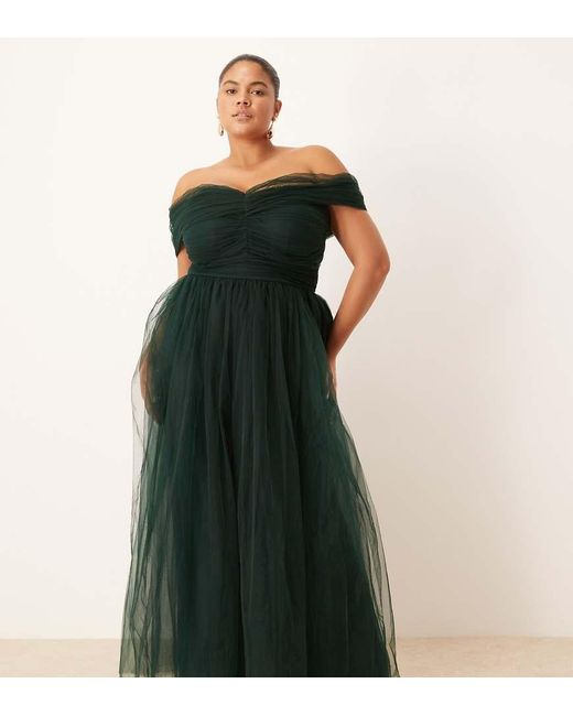Lace & Beads Plus Green Bow Fallen Shoulder Maxi Tulle Dress