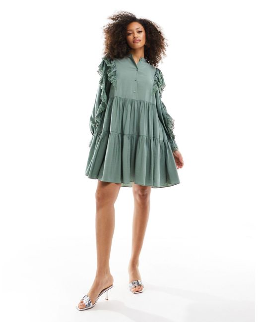& Other Stories Green Tiered Mini Smock Dress With Embroidered Frill Detail