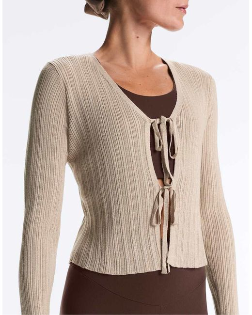 Oysho Brown Front Tie Knit Rib Cardigan