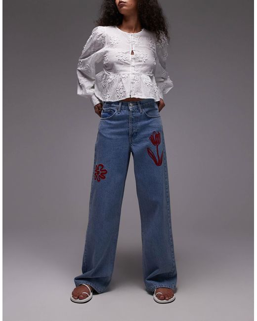 TOPSHOP Blue Mid Rise Loose Fit Jean With Red Floral Embroidery
