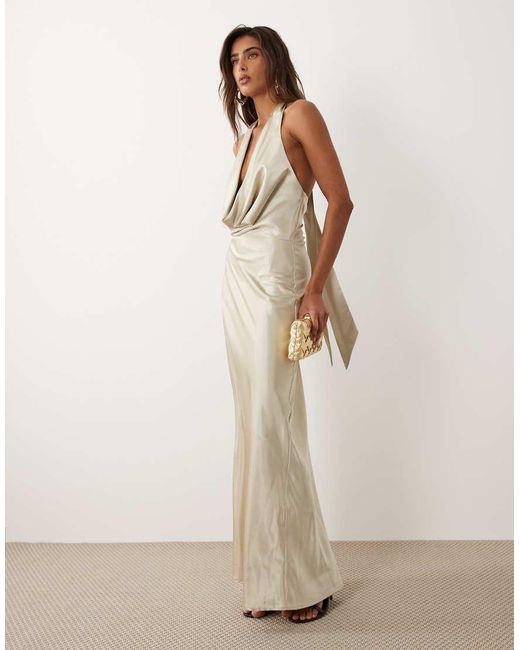 Aria Cove Natural Satin Deep Cowl Neck Scarf Detail Maxi Dress