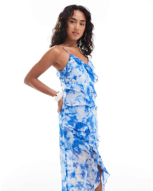 ONLY Blue – midaxi-kleid mit abstraktem druck und rüschenlagen