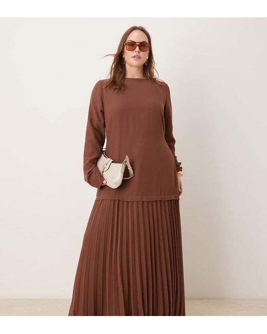 ASOS Brown Asos Design Curve Long Sleeved Pleated Skirt Maxi Dress