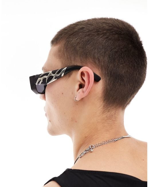 ASOS Black Chunky Angled Rectangle Sunglasses With Y2k Grunge Detail for men