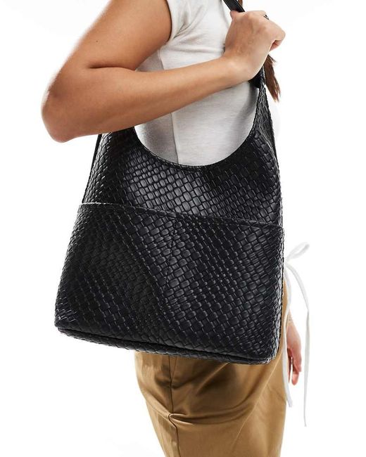 Glamorous Black Large Woven Shoulder Bag With Pocket Detail