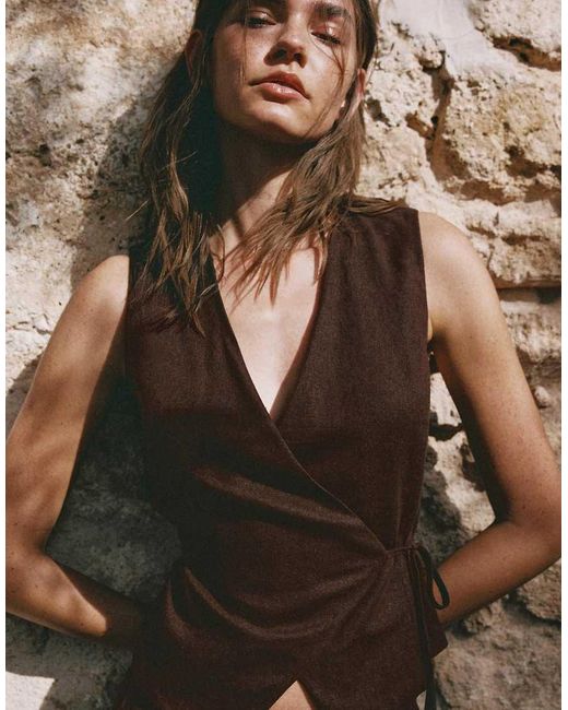 Pull&Bear Black Linen Blend Vest With Side Tie Fastening
