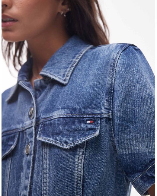 Robe chemise mi-longue en jean à manches courtes Tommy Hilfiger en coloris Blue