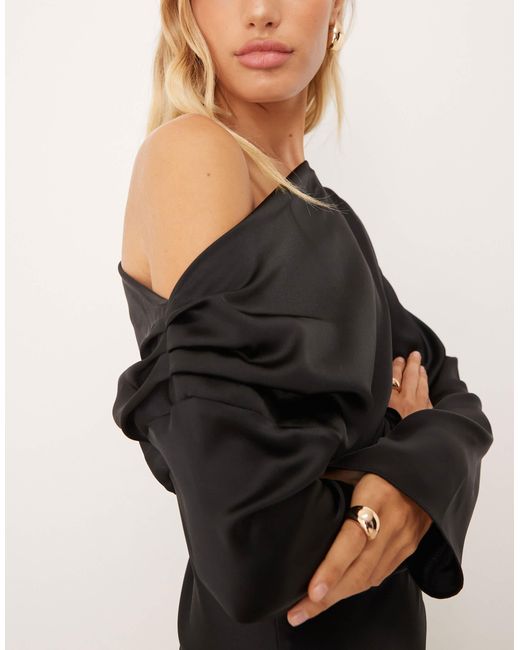 ASOS Black Satin Drape Long Sleeve Off Shoulder Mini Dress