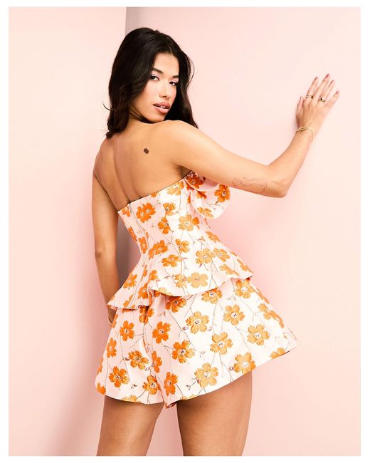 ASOS LUXE jacquard bandeau corseted top and flippy shorts set in