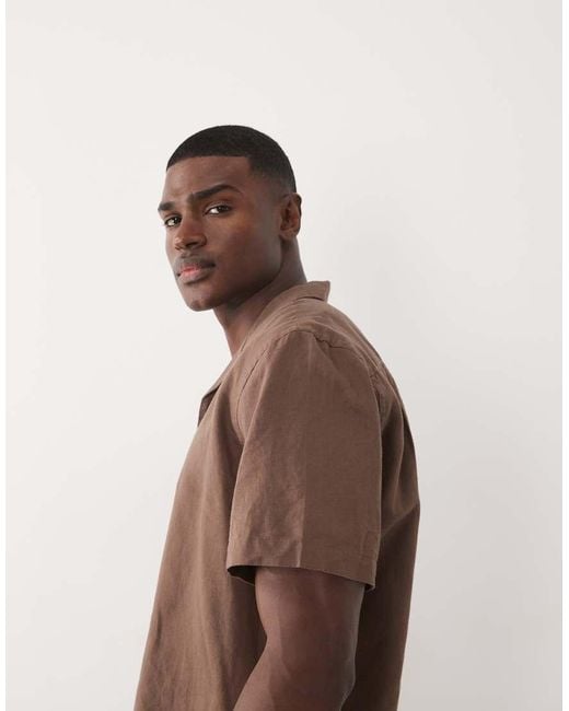 SELECTED Brown Linen Blend Short Sleeve Shirt for men