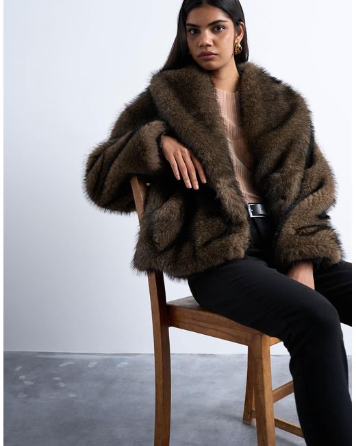 TOPSHOP Black Faux Fur Boxy Shawl Coat