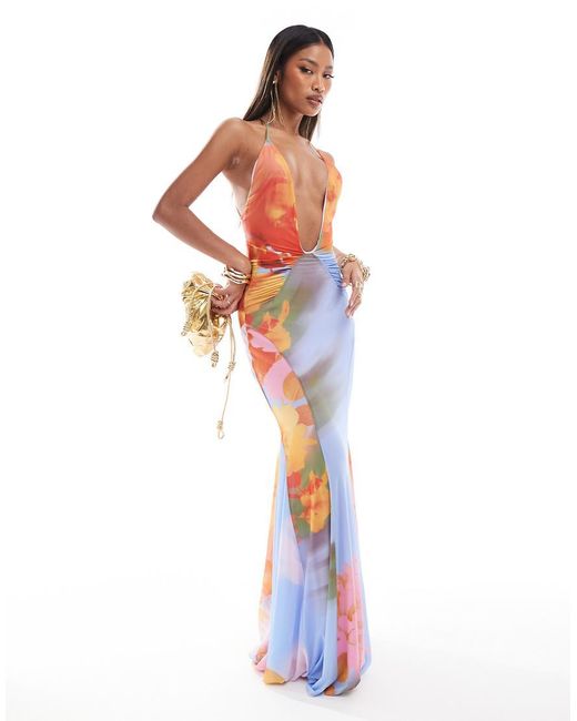 ASOS Diepuitgesneden Maxi Jurk Van Mesh Met Volle Rok Met Godet-Plooien En Abstracte Bloemenprint in het White