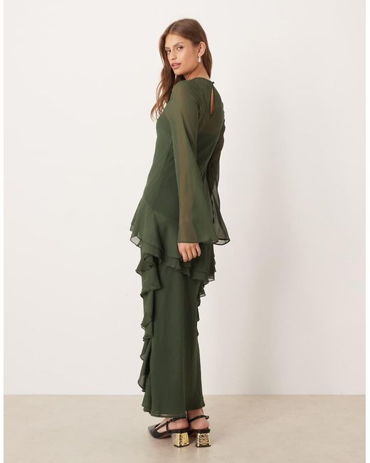 ASOS Green Long Sleeve Frill Hem Chiffon Maxi Dress